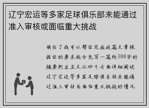 辽宁宏运等多家足球俱乐部未能通过准入审核或面临重大挑战